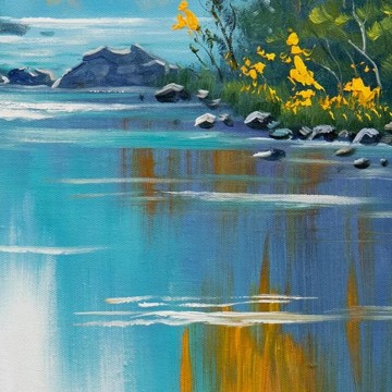 Bosque Painting - Paisaje de río Paisaje de montaña verde Detalle de flor amarilla